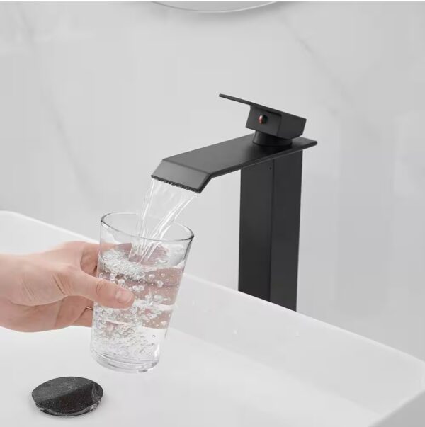 Waterfall Single Hole Single Handle Bathroom Vessel Sink Faucet With Pop-up Drain Assembly in Matte Black